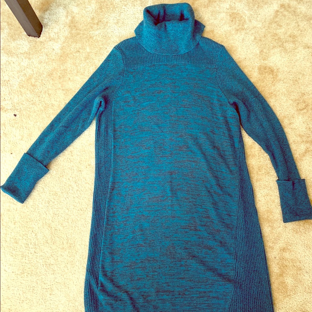 Blue and gray turtleneck sweater dress
